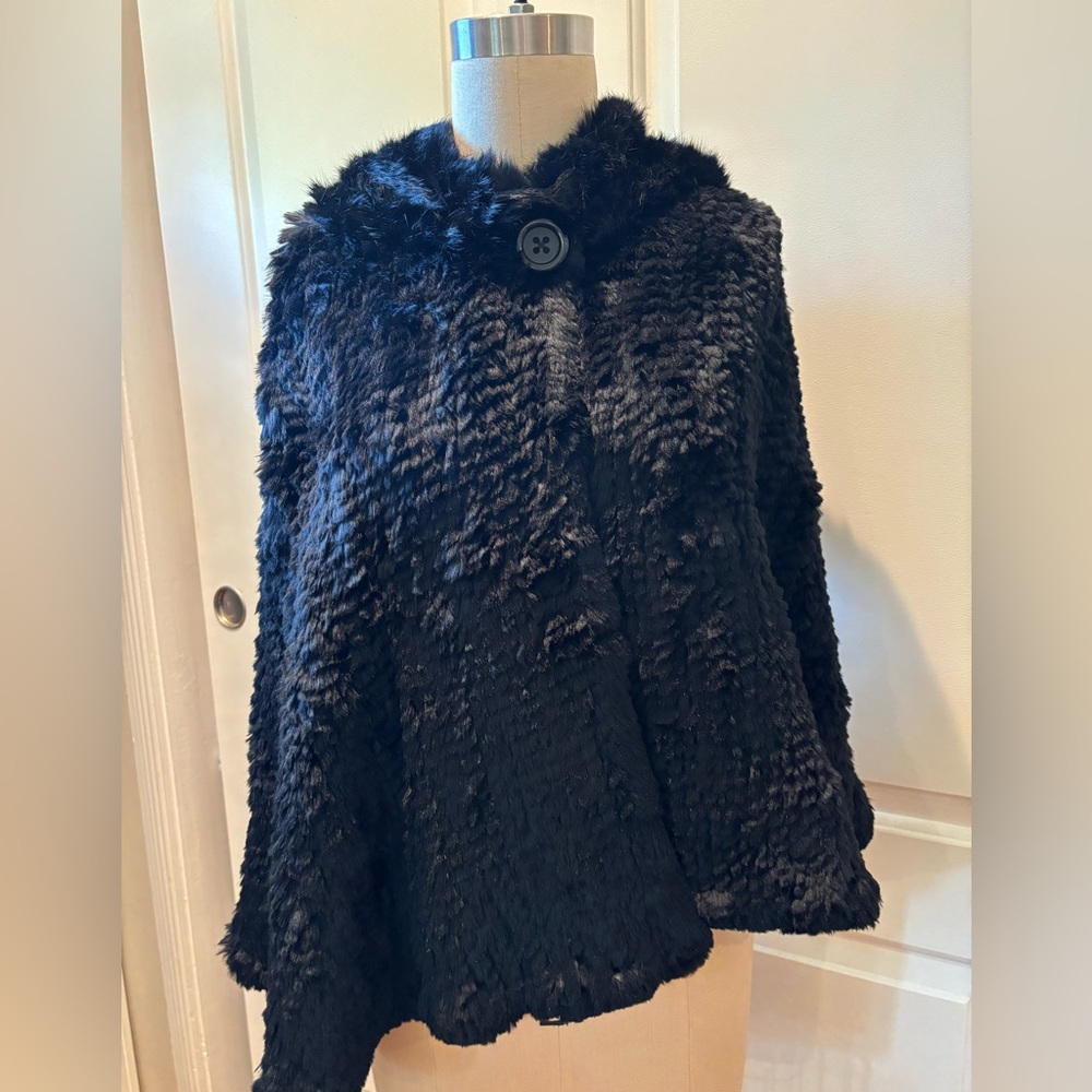 STEFANEL 100% Black Rabbit Fur Hooded Shawl